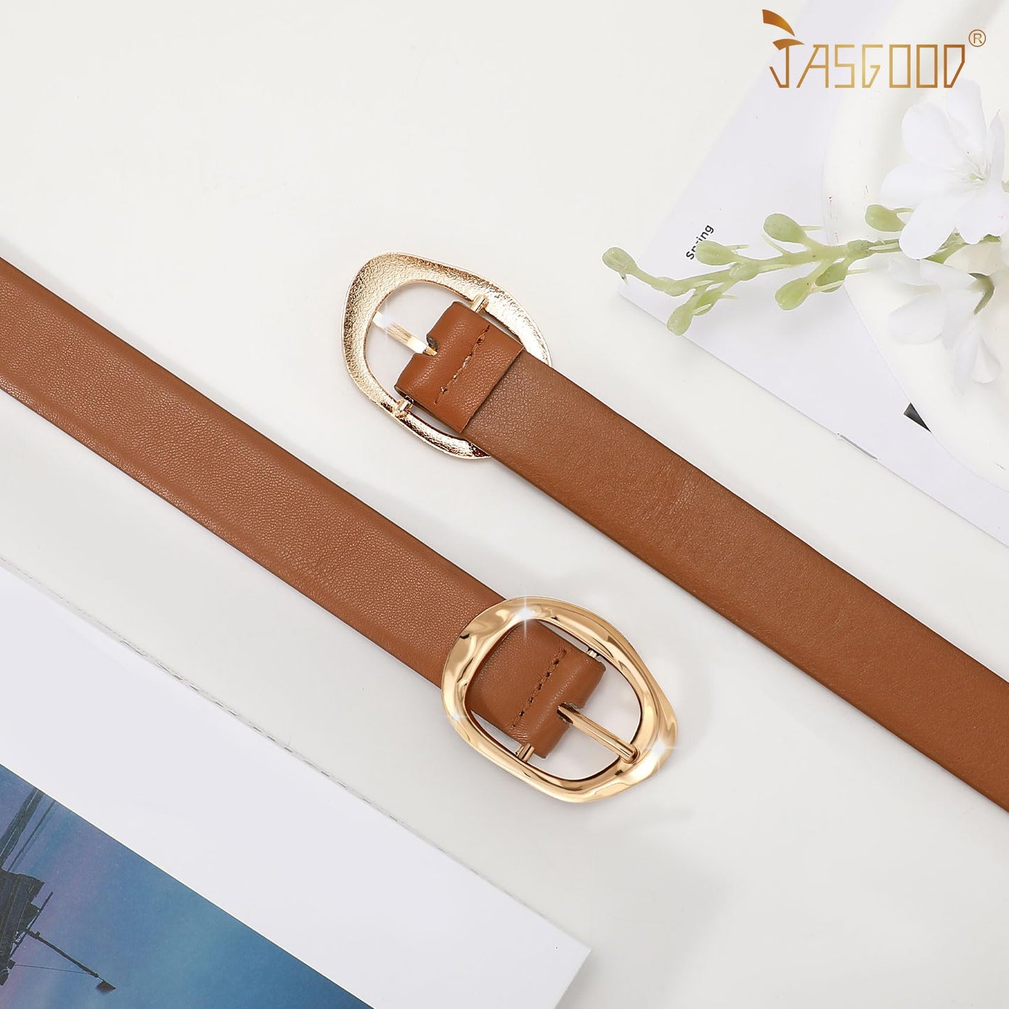 JASGOOD 3 Pack Womens Black Leather Belts for Jeans Pants Ladies Waist Belt Fashion Black Belt with Gold Buckle