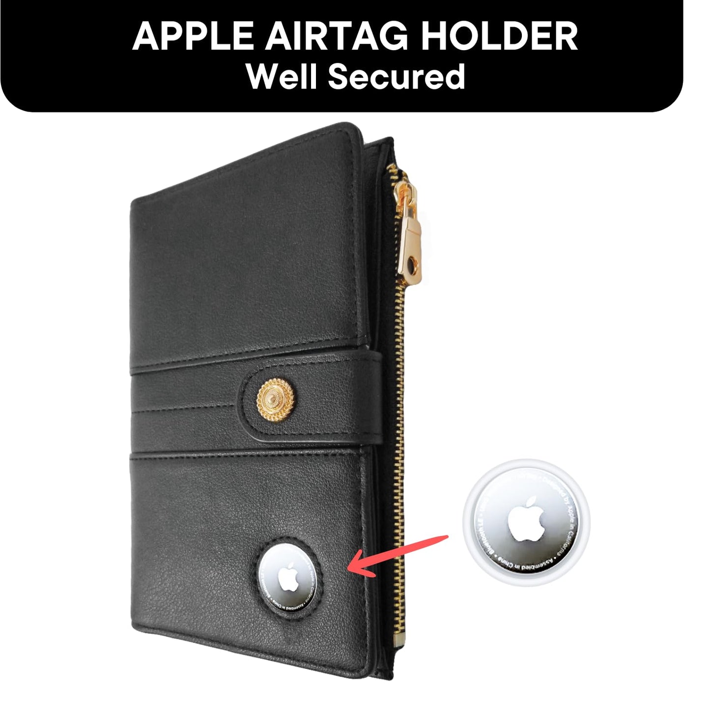 elzama Women's RFID Blocking Passport Wallet, Black with Airtag Holder, Includes Keychain & Pen Holder, Zippered, 11 Pockets, Faux Leather, Slim