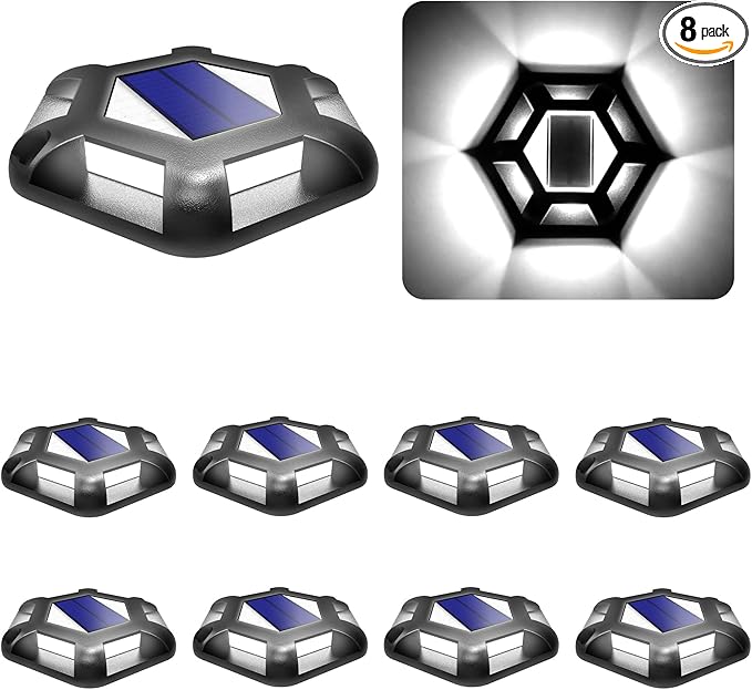 Solar Dock Lights Driveway Deck Lights - 8 Packs Waterproof 1200mAh Outdoor LED Aluminum Dock Lighting Warning Step Light for Driveway Sidewalk Garden Pathway Yard (White)
