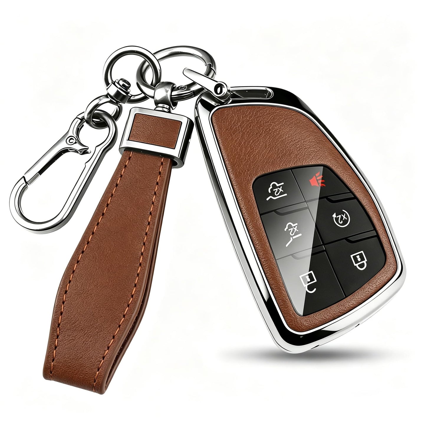 HEKBRYN for Chevy Key Fob Cover PU Leather, 3/4/5/6 Button Heavy Duty Car Key Case for Chevy 2022 2023 2024 2025 2026 GMC Sierra 1500 Suburban Tahoe Yukon Denali Silverado 2500HD(Silver-Brown)