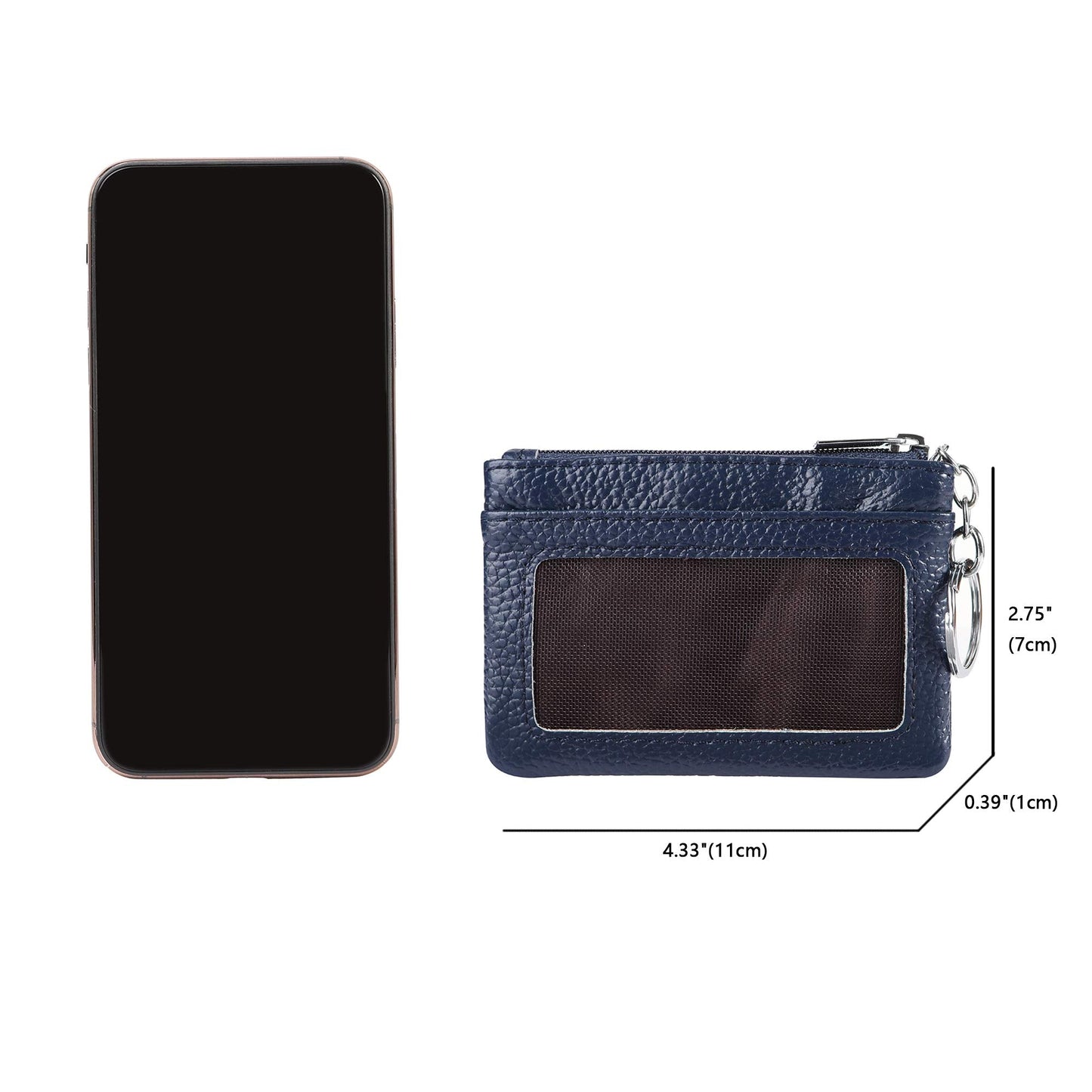 Women Genuine Leather Keychain Zipper Change Wallet Small Mini Pocket Size Coin Purse, Navy
