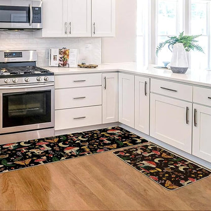 Artoid Mode Black Mushrooms Butterfly Spring Kitchen Mats Set of 2, Home Decor Low-Profile Kitchen Rugs for Floor - 17x29 and 17x59 Inch
