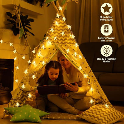 Star String Lights 17 ft 50 LED Battery Operated, Fairy Lights for Bedroom, String Lights for Kids Bedroom Wedding Mantel Patio Christmas Holiday Dorm Decor, Warm White