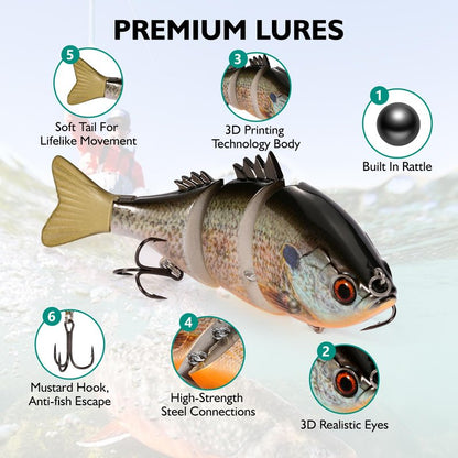 FONMANG 3-Pieces Swimbait Fishing Lures, 4.3in Lifelike Bluegill Multi-Jointed Slow Sinking Swim Bait, Fishing Lure for Large-Sized Bass, Walleye and Pike Fish in Freshwater and Saltwater-3Color
