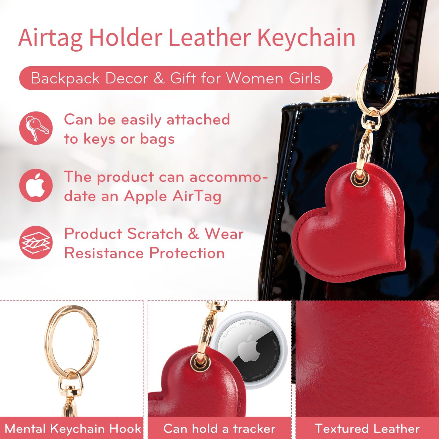 Leather Charm Keychain Holder Case Compatible with AirTag,Cute Protective Heart-Shaped Cover with Luxe Ring Clip,Finder GPS Tracker Case for Wallet Keys,Bag,Pets(Brown)