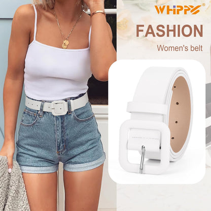 WHIPPY Women Leather Belt Candy Color Fashion Square Buckle Belt Ladies Belt for Jeans Pants Dresses, White, S