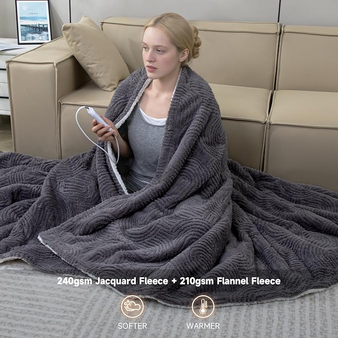 Heated Blanket Twin Size- 62"x84" Cozy Soft Jacquard Heating Blanket with 4 Heat Levels & 4 Hours Auto-Off, Jacquard Fleece, Overheating Protection, Warm Gifts, Grey