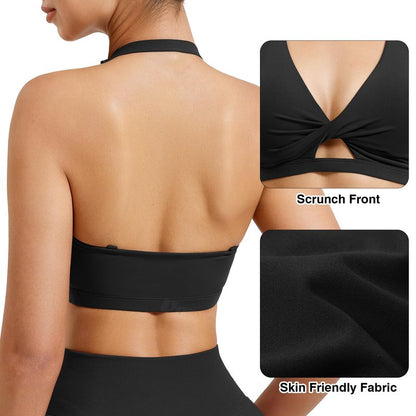 VOYJOY Workout Sports Bras for Women Padded Backless Strappy Fitness Wireless Gym Medium Impact Bra Yoga Crop Top Black L
