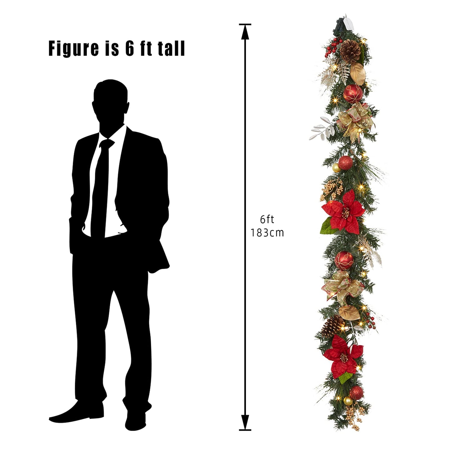 Adeeing 6FT Christmas Garland with Lights, Prelit Artificial Christmas Garland with Pine Cones Poinsettia, Cordless Xmas Garland for Fireplace Mantle Stairecase Indoor Outdoor Holiday Home Decorations