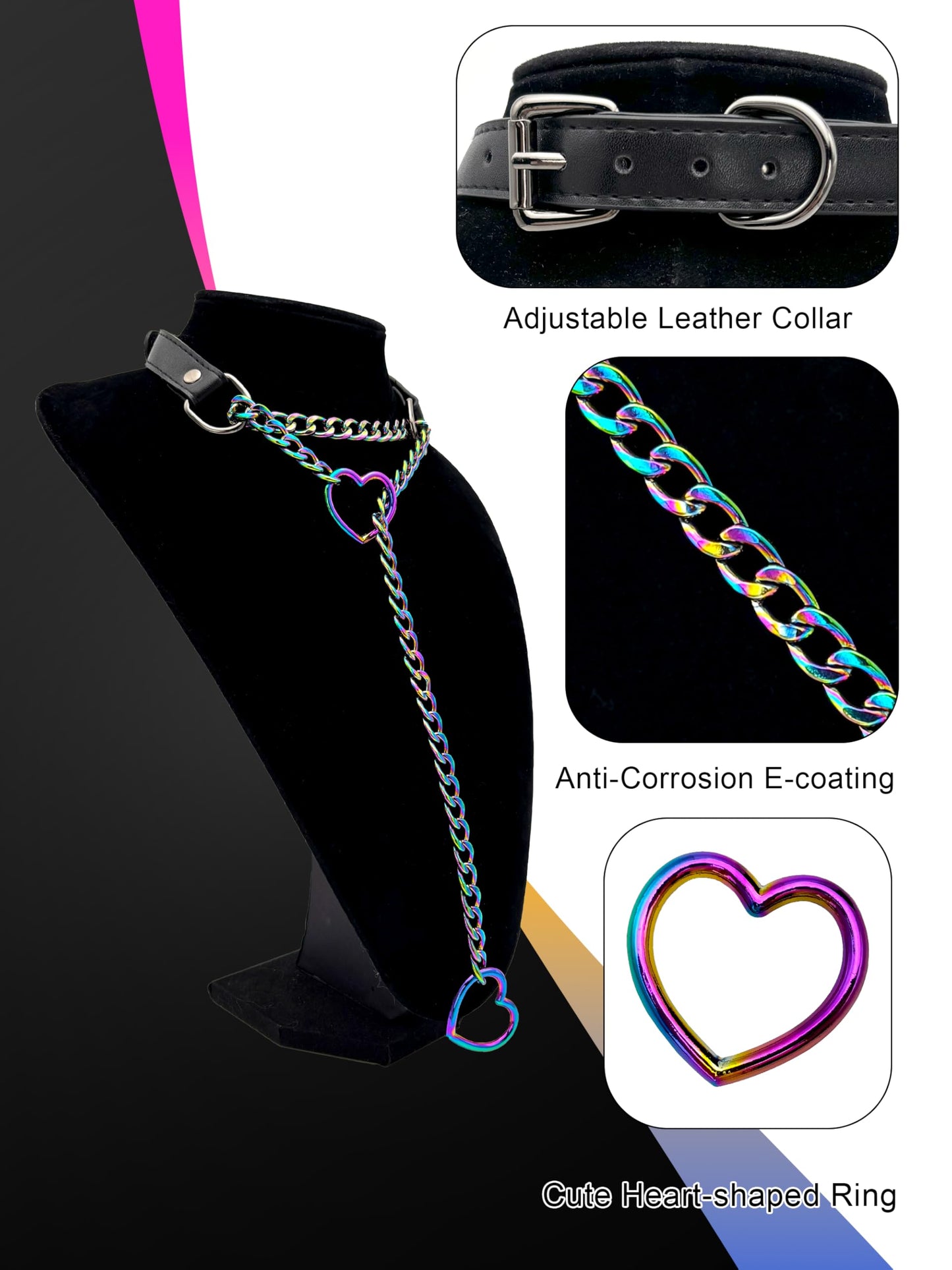 EverGlimp Black Leather Choker Collar For Women, Handmade Heart Slip Chain Choker Long Necklace with Adjustable Buckle
