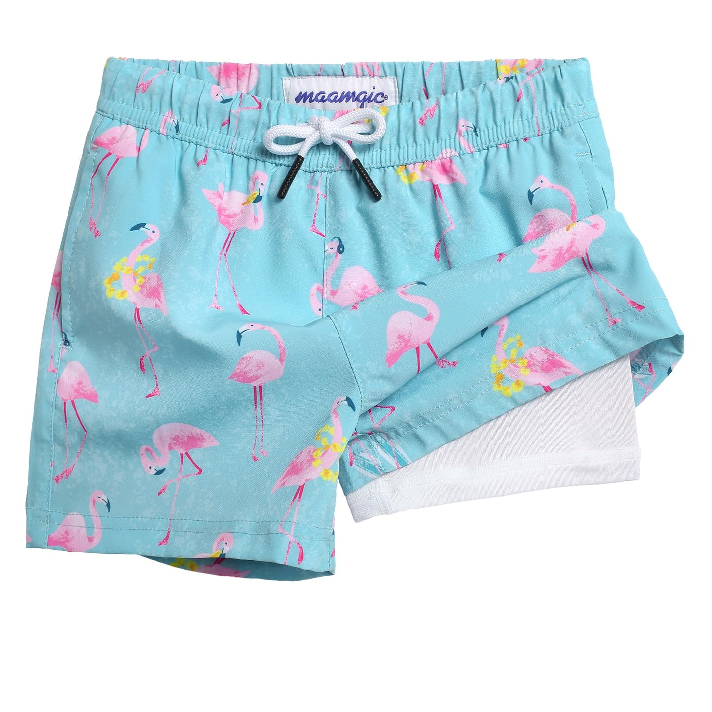 maamgic Boys Swim Trunks with Compression Liner Toddler Stretch Swim Shorts Quick Dry Swimming Trunks Boxer Brief 2 in 1 Beach Shorts Blue Doggy 14/16