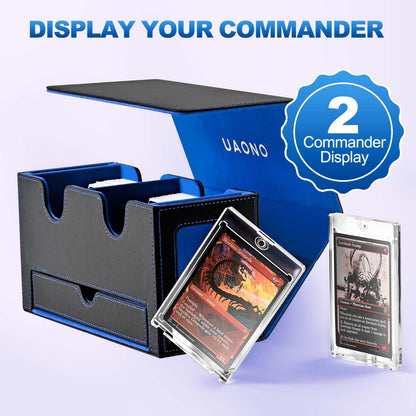 UAONO MTG Commander Deck Box, 3-in-1 Magnetic Card Box with 2 Top Loaders Display & 1 Dice Tray, Fits 200 Double Sleeved, Card Organizer Compatible with Magic the Gathering(Blue Yellow)