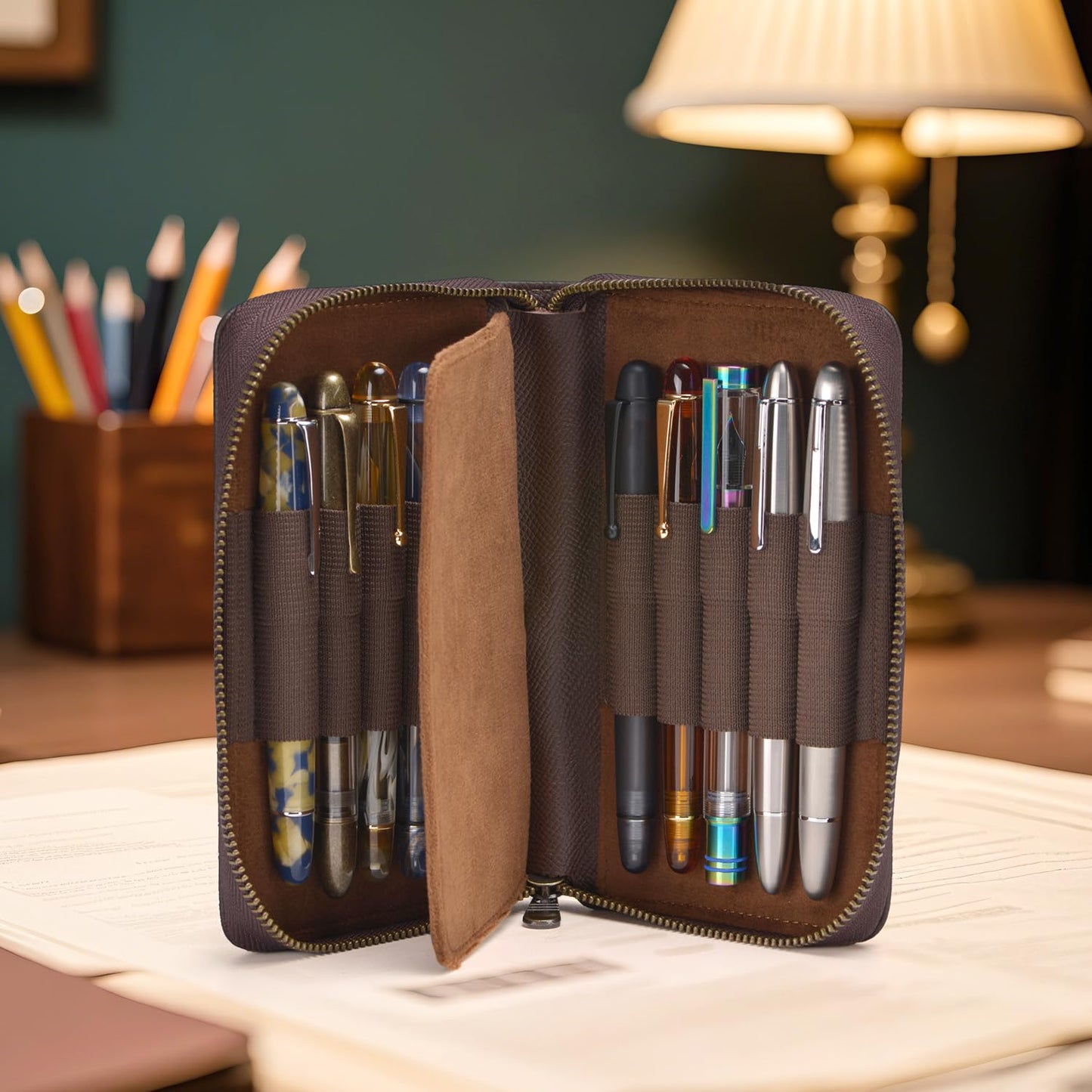 Asvine Fountain Pen Case Genuine Leather Pen Case 10 Divided Slots Coffee, Rollerball Pen Holder Handmade Display Organizer Zippered Pouch