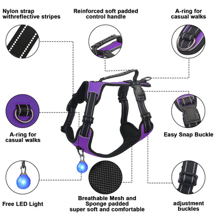Perperqer Dog Harness Purple No Pull Y Shaped for Medium Sized Dog, Small to Large Dogs Reflective Adjustable Easy Walk Puppy Harnesses,Heavy Duty Girl Boy Pet Vest 3 Buckle with Handle & Light,L