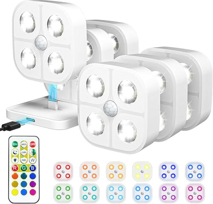 Wireless Step Light Rechargeable Puck Lights with Charging Station, RGB Motion Sensor Puck Light Under Cabinet Lighting with Remote Control, LED Closet Lights for Stair, Kitchen (6 Pcs)