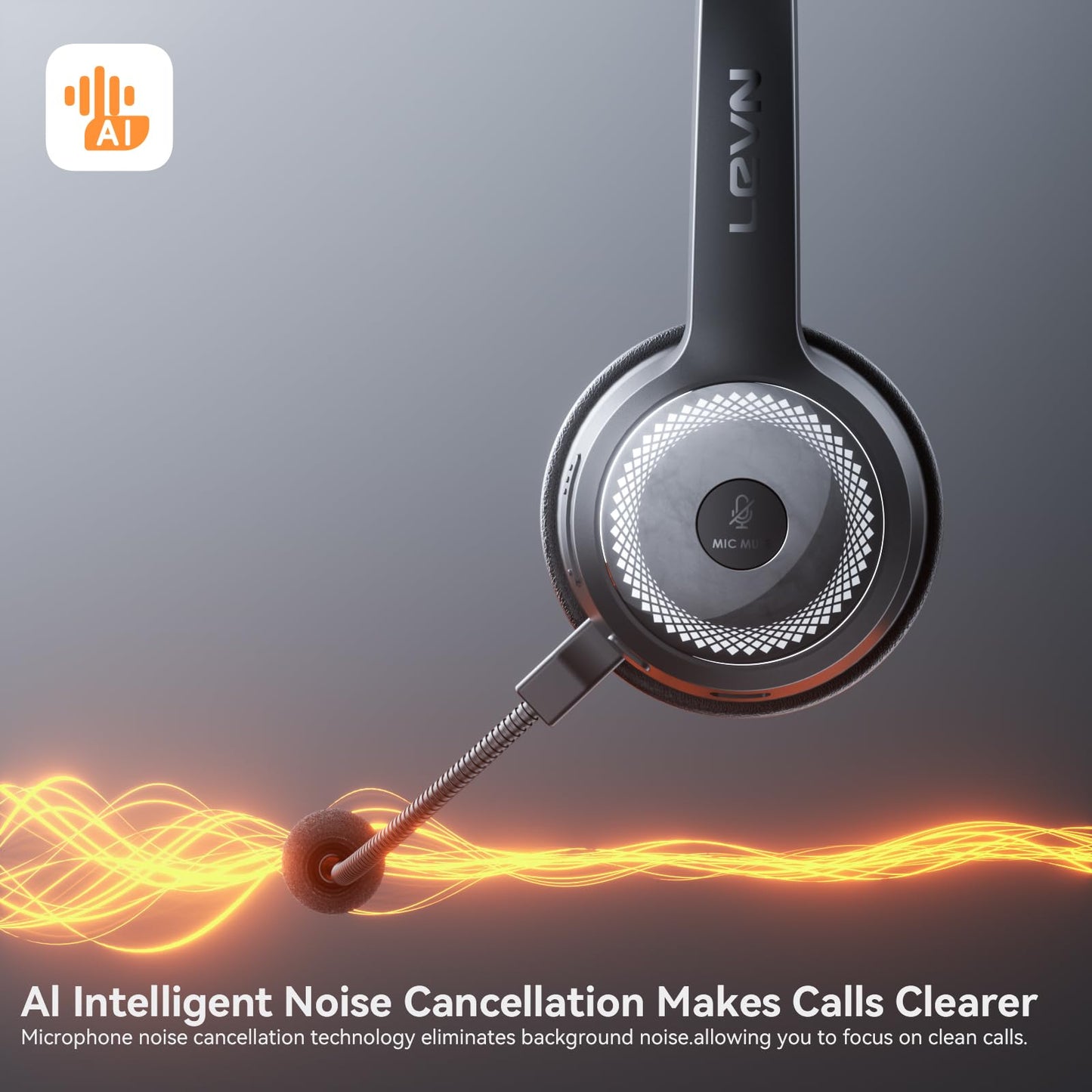 LEVN Wireless Headset with Mic for Work, Wireless Headset (Charging Base, Noise Cancelling & Mute Button), Long Battery Life, Bluetooth Headsets for Home/Office/Call Center/Laptop/Teams/Zoom, Black