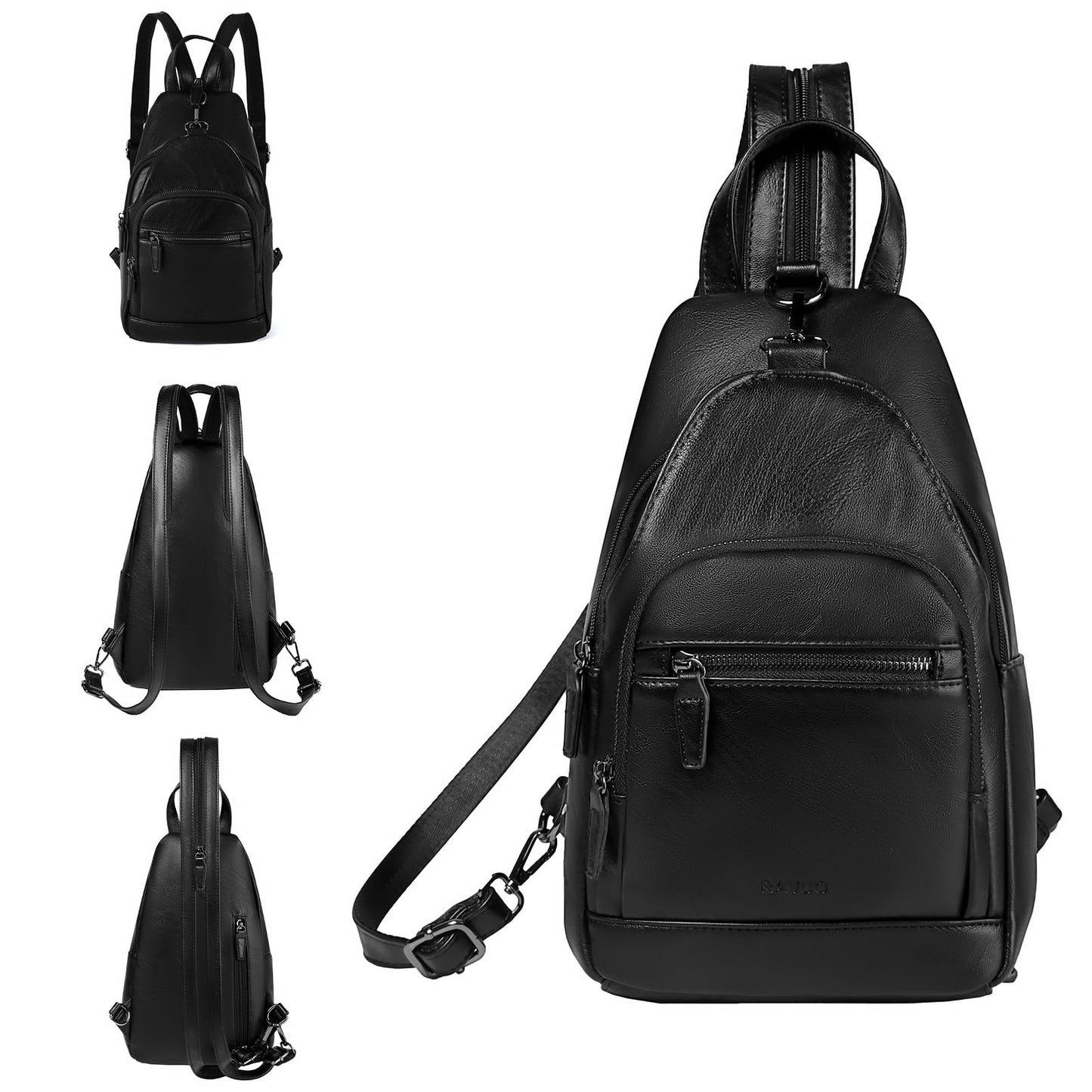 RAVUO Sling Bag for Women, Faux Leather Convertible Backpack Purse Ladies Anti Theft Cross Body Bag with Multi Pockets for Travel Cycling Hiking Shopping,Black