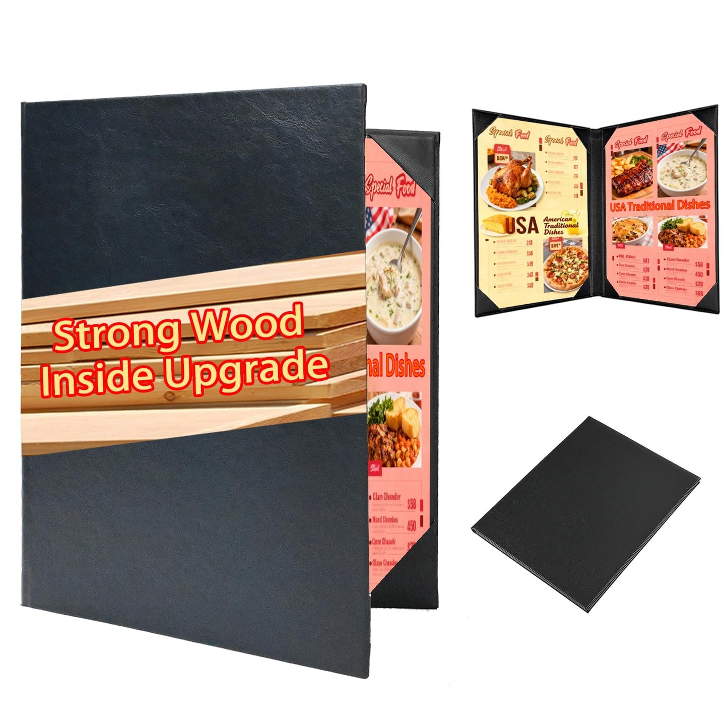 Menu Cover 8.5 x 11 Leather Menu Holder with Strong Wood Inside Double Views Leather Menu Book Covers for Restaurant Cocktail Drink Wine List Dinner Cafe Menu Folder