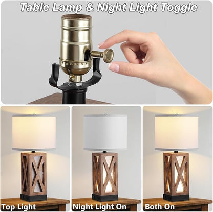 Wood Table Lamp, Vintage Nightstand Lamp with USB Charging Ports A/C, Farmhouse Bedside Lamps for Living Room