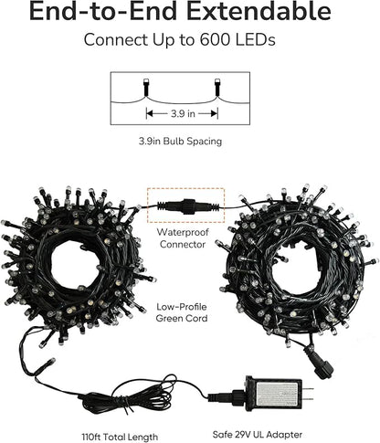 ULG Christmas Tree Lights, 300 LED 110FT Waterproof Christmas String Lights with 8 Modes for Indoor/Outdoor Xmas Tree Decor, Bubble LED Warm White, Adapter Included