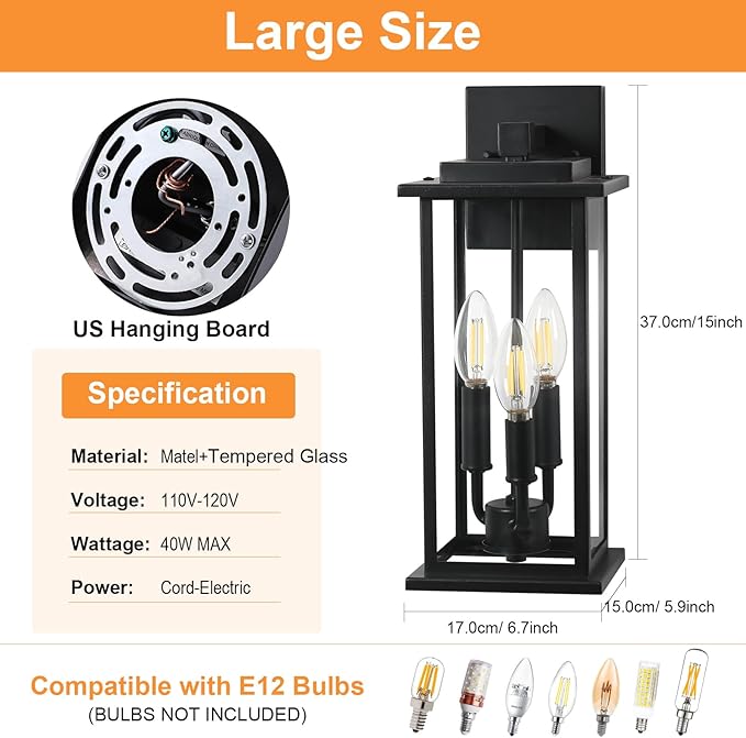 2-Pack 15" Outdoor Wall Lantern Candelabra 3-Light, Waterproof Exterior Wall Light Fixture with Clear Glass Front Porch Light Outdoor Wall Sconce, E12 Base Exterior Sconces for Garage
