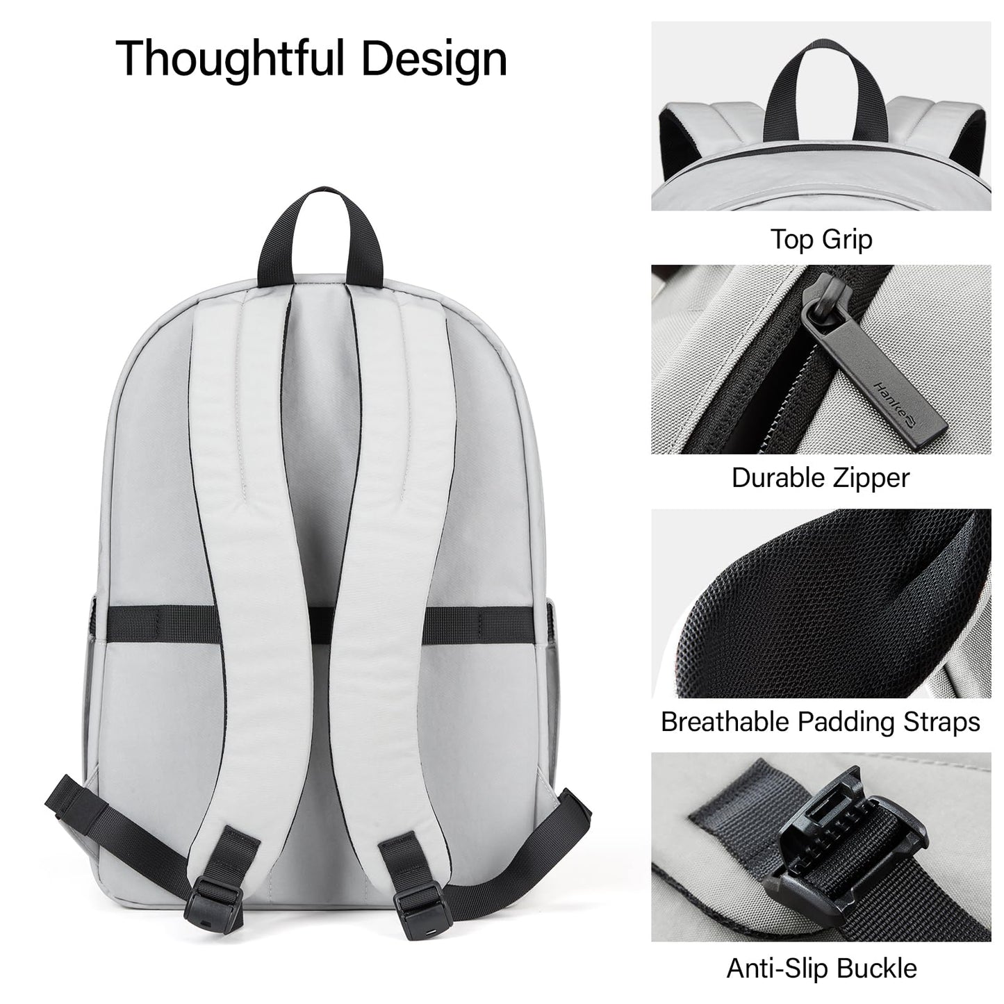 Hanke Travel Backpack for Women Men, 15.6 Inch Laptop College Backpack, Lightweight Small Computer Bookbag, Water-Resistant Casual Daypack, Grey