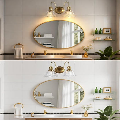 2-Lights Bathroom Vanity Light Gold Vintage Light Fixtures Matte Antique Flower Floral Brass Crystal Glass Shade Wall Sconces Lighting for Living Room, Bedroom, Hallway（E26 Base）