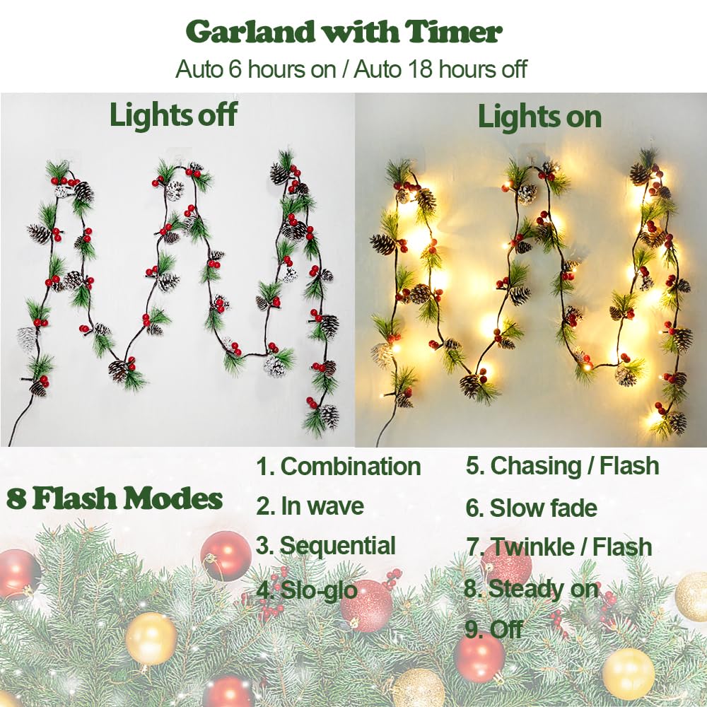 2025 Upgraded Christmas Garland Lights 9.84FT Holiday Prelit Garlands Pine Cone with Red Berry Battery Operated with Timer Garland Wreath Xmas Decor Lights for Outdoor Indoor Christmas Home Decoration