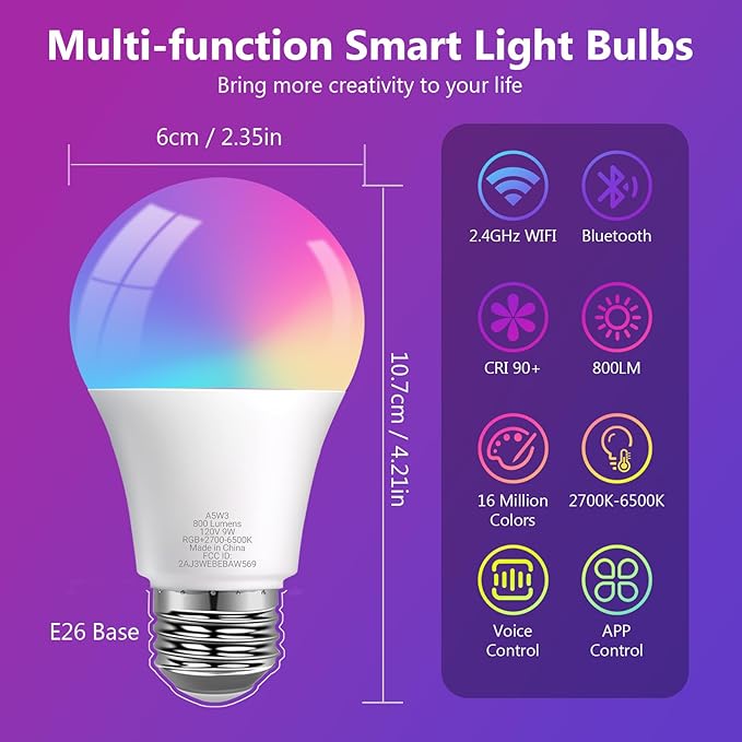 DAYBETTER Smart Light Bulbs, Smart Bulb That Compatible with Alexa & Google Home, 2.4G WiFi Bluetooth Alexa Light Bulbs, RGBCW Color Changing LED Light Bulb, 60W Equivalent, 800LM, 10Pack