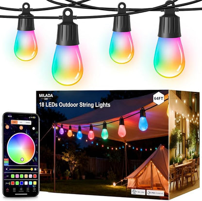 Outdoor String Lights 59FT Smart Patio Lights with APP Control, 18 LED Bulbs RGB IC Warm White, IP65 Waterproof Color Changing for Christmas, Patio, Backyard, Garden, Party, Holiday Decor