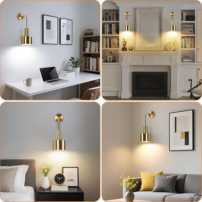 VerRon Rechargeable Battery Operated Wall Sconce Set of Two, Gold Wireless Battery Powered Lights with Dimmable Detachable Bulbs & Remote, Modern Sconces Wall Decor for Bedroom Living Room Hallway