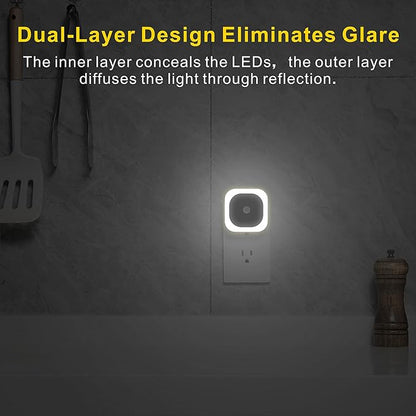 2 Pack Plug in Night Light with Motion Sensor & Dusk to Dawn Sensor, 3 Sensor Modes, Night Lights Plug into Wall, Auto ON/Off, Dimmable Nightlight for Bathroom, Stairs, Kitchen, Cool White