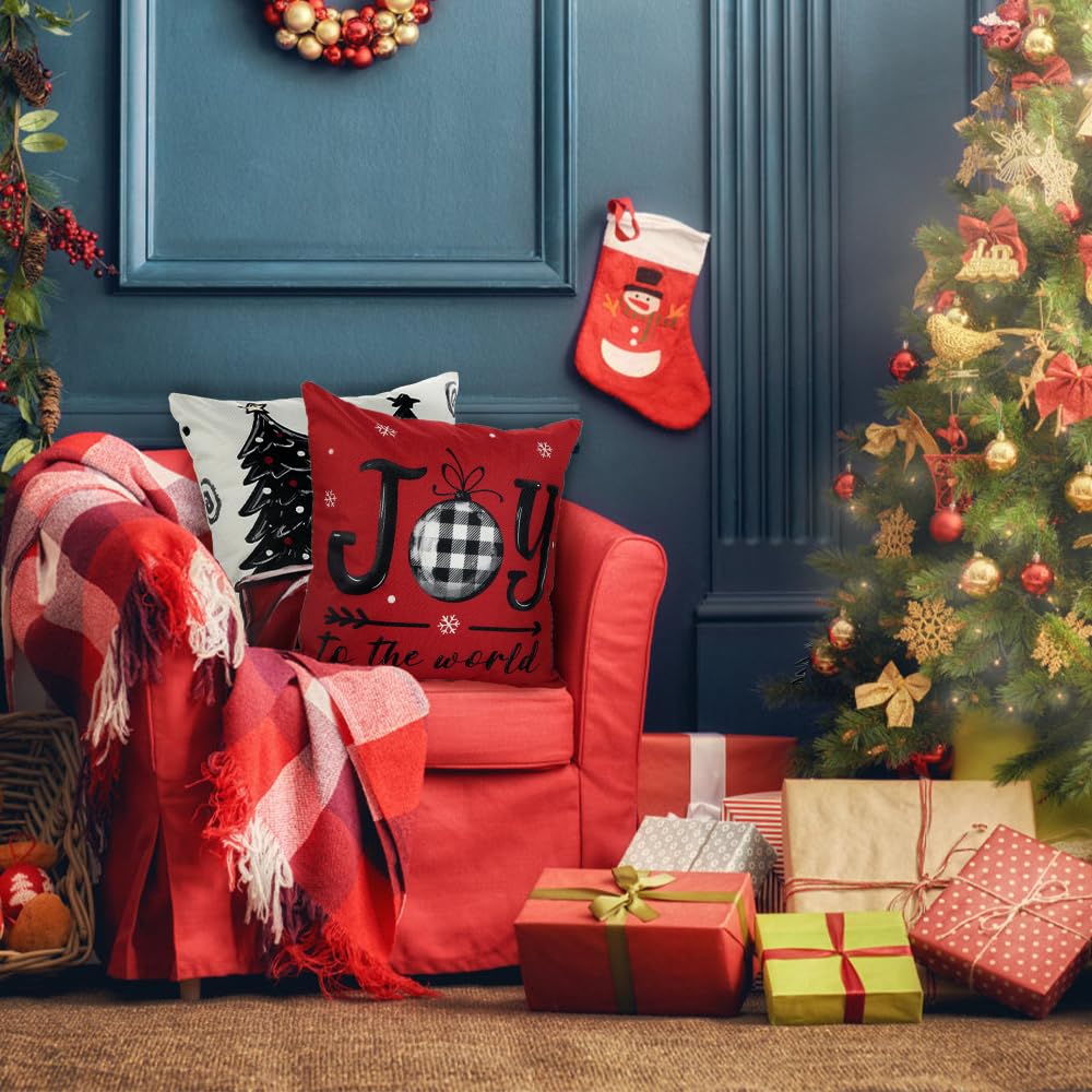 DIYDEC 4pcs Christmas Pillow Covers 20x20 Inch Red Pillow Covers Xmas Decorations Buffalo Tree Truck Merry Christmas Pillows Winter Holiday Farmhouse Seasonal Throw Case Decor for Sofa Couch