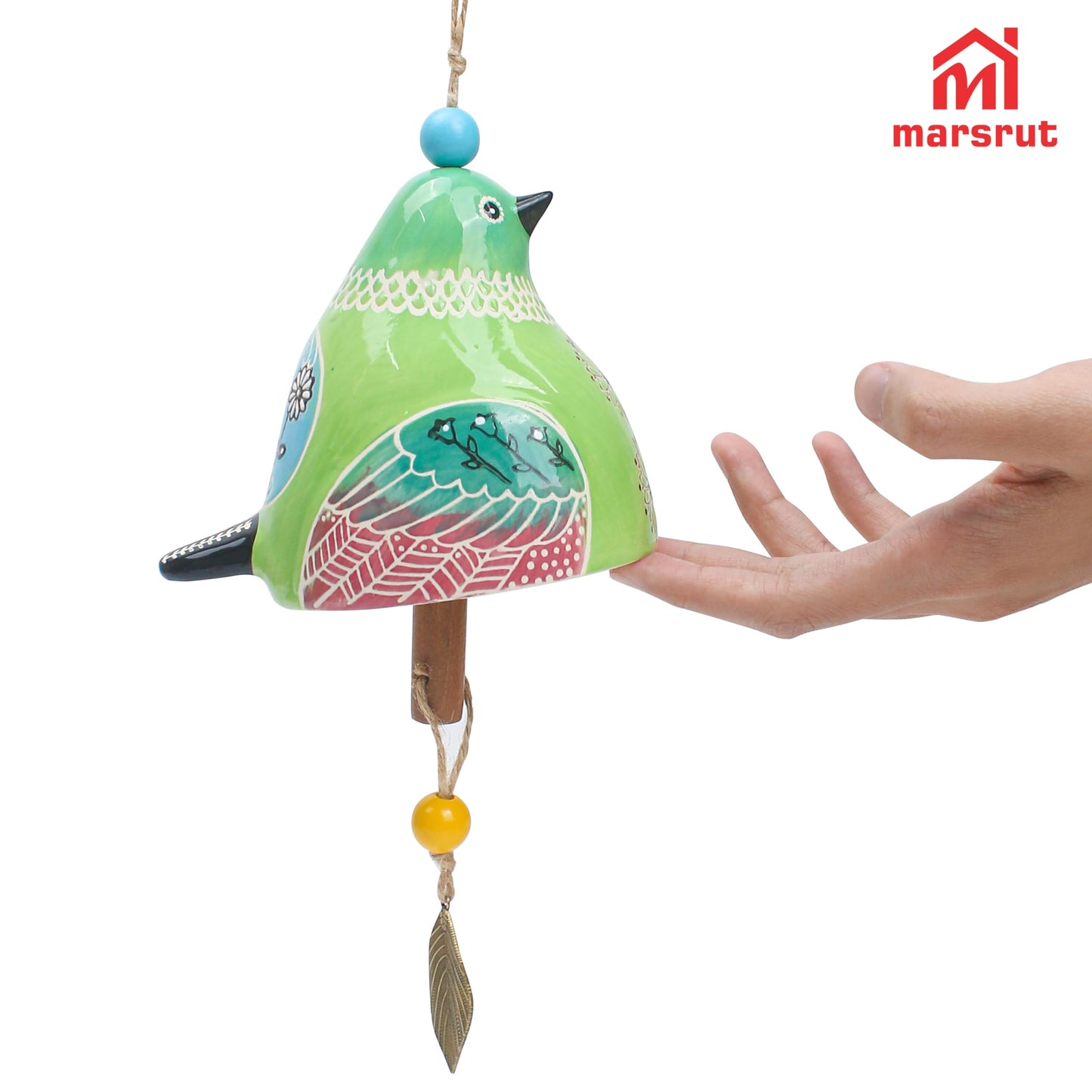 Bird Song Bell Wind Chime, Ceramic Cardinal Fashion Hanging Windchimes for Rustic Music Garden Backyard Church Decoration Porch Outside Outdoor Festival Memorial Gift Witness Friendship (Green)