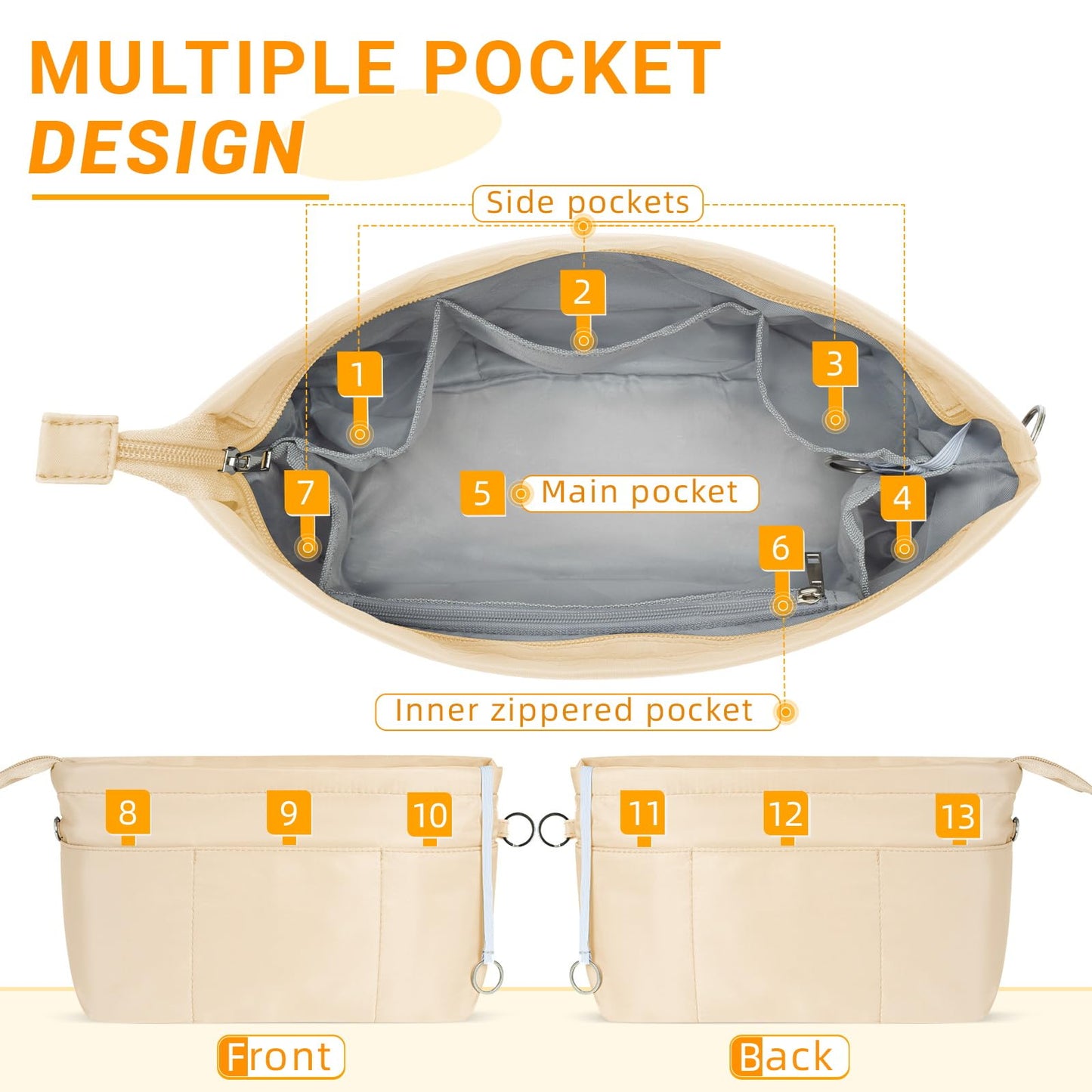 HyFanStr Nylon Purse Organizer Insert with Zipped Top for Tote Bag, Handbag Shaper with 13 Pockets 5 Sizes (Beige-XS)