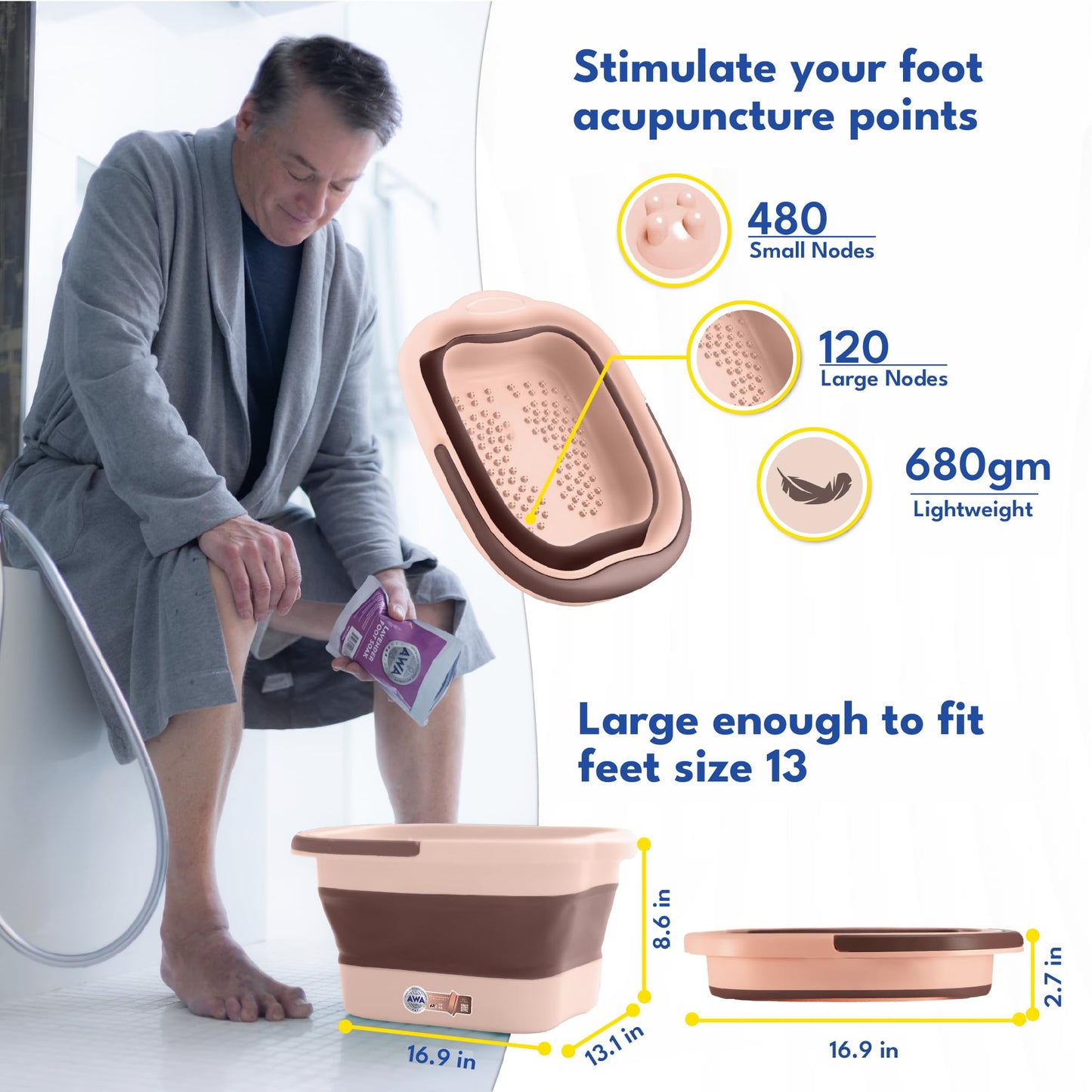 American Wellness Authority AWA Extra Large foot bath basin - Sturdy plastic soak tub For Soaking feet and Pedicure At Home Spa Kit Women Men (Grey Basin), 1.0 Count