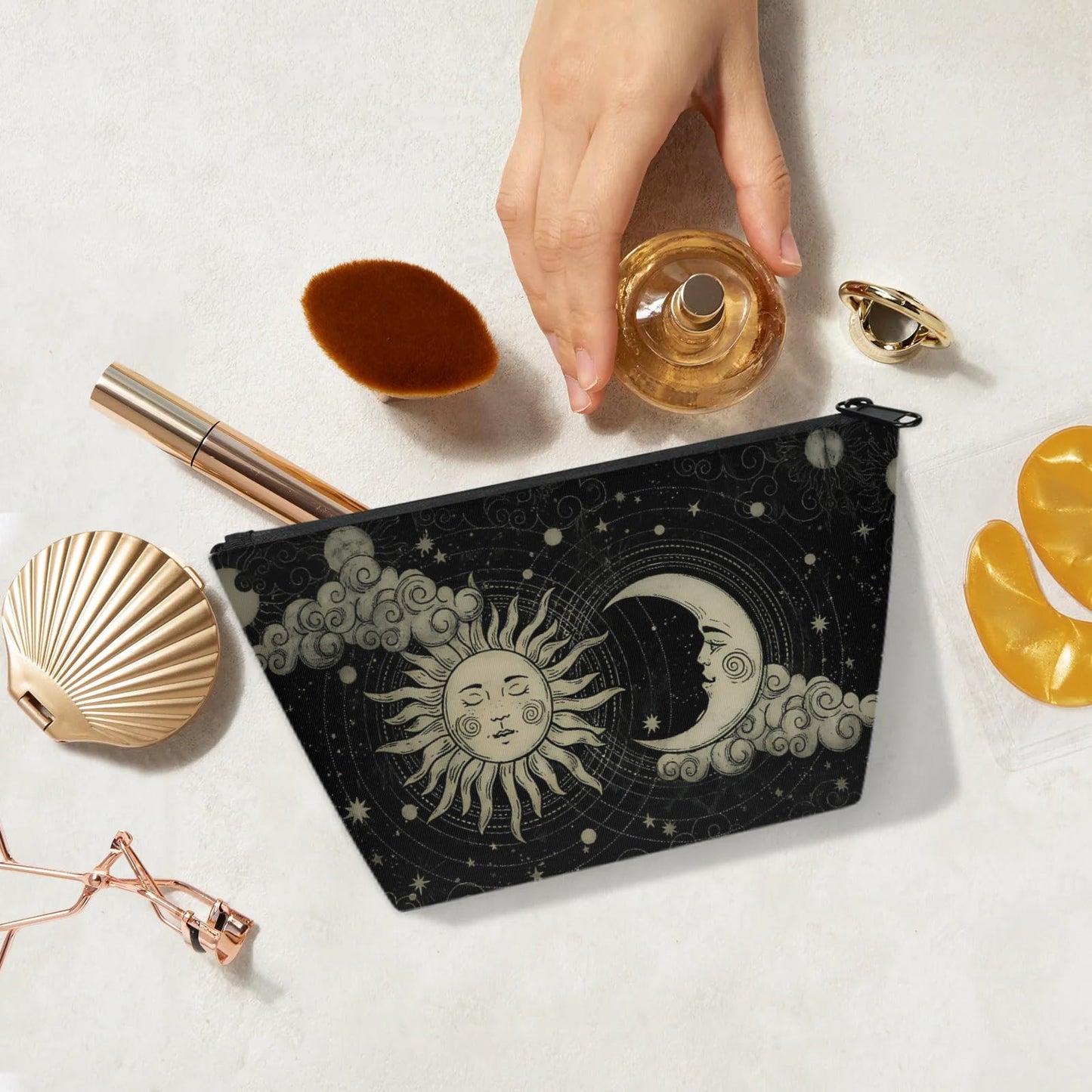 KUYEHTAO Astrology Sun Moon Gothic Makeup Bag for Women, Portable Cosmetic Bag for Travel Purse, Fashion Zipper Makeup Pouch, Small Travel Bag for Purse