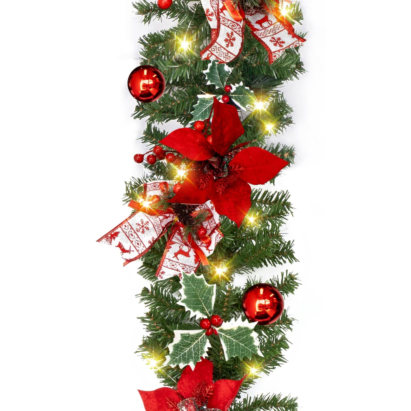 9 FT Christmas Garland with String Light (Individually Packaged), Red Berries, Pinecones, Three-Leafed Berry, Unique Red Flower and Bowknot, Perfect for Decorating Mantel, Staircase, Doorway