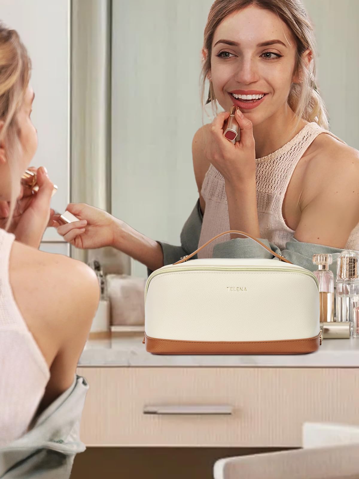 Telena Leather Make Up Bag Portable Travel Makeup Bag Waterproof Cosmetic Bags for Women Large Capacity With Handle and Divider Open Lay Flat