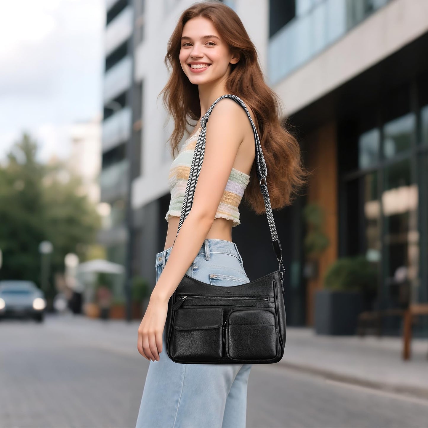 VIMUTI Crossbody Purses for Women Trendy,Multi Pocket Women's Crossbody Bag, Vegan Leather Shoulder Handbags Travel Purse (Black)