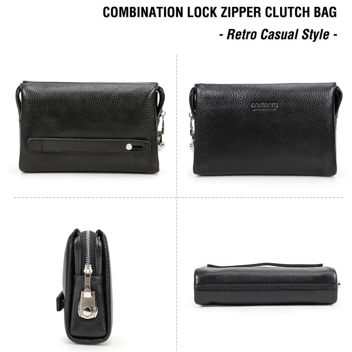 Top Grain Genuine Leather Handbag Wallet for Man & Woman, Handmade Retro Design, Combination Lock & Retractable Hand Strap & Multi Pockets/Slots, Portable RFID for Cards/Checks/Phone/Banknote, Black