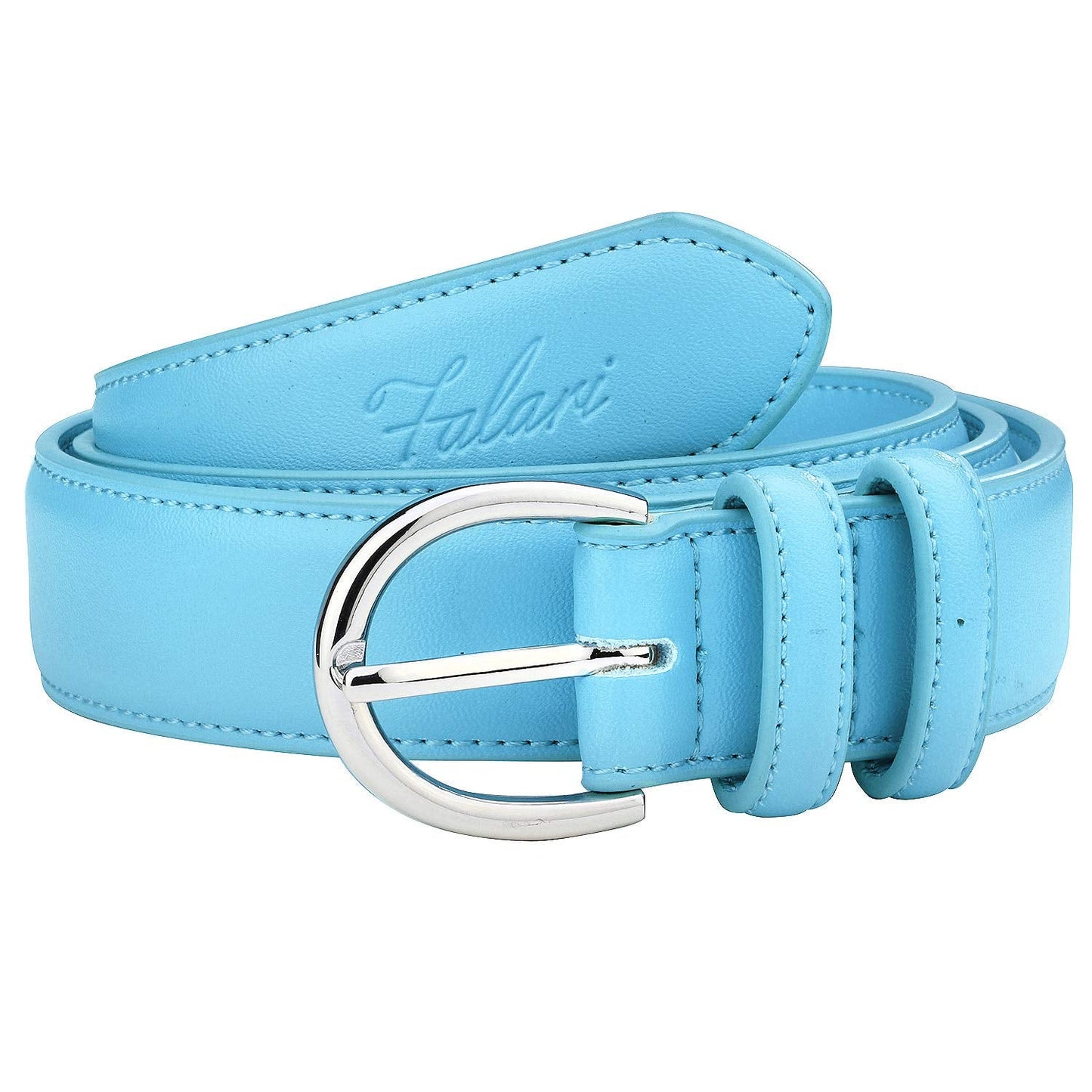 Falari Women Genuine Leather Belt Fashion Dress Belt With Single Prong Buckle 6028-LightBlue-L