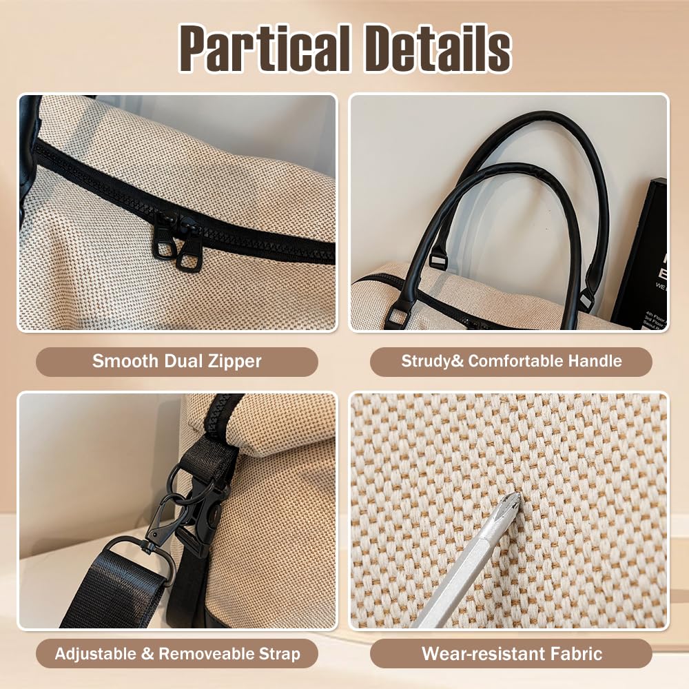 Travel Duffle Bag for Women, Canvas Carry On Weekender Overnight Bags with Wet Pocket, Gym Tote Bag for Business Trip Sports (Beige Black)
