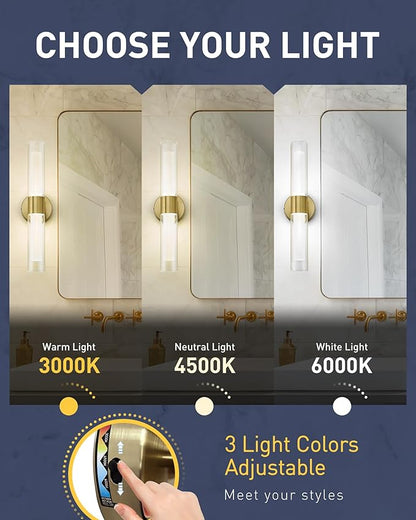 kudos Gold Modern Sconces Wall Lighting, 2Pc Wall Sconces with Clear Glass and Frosted Glass, Modern LED Vanity Light for Bathroom, 3000K/4500K/6000K Adjustable,KDVL06-GD-2-2PK
