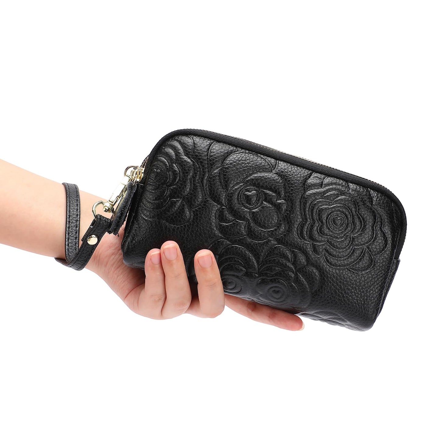 GOIACII Wristlet Wallets for Women Leather Womens Wallet Large Capacity Clutch Purse Handbags 3 Zippers with Strap Black