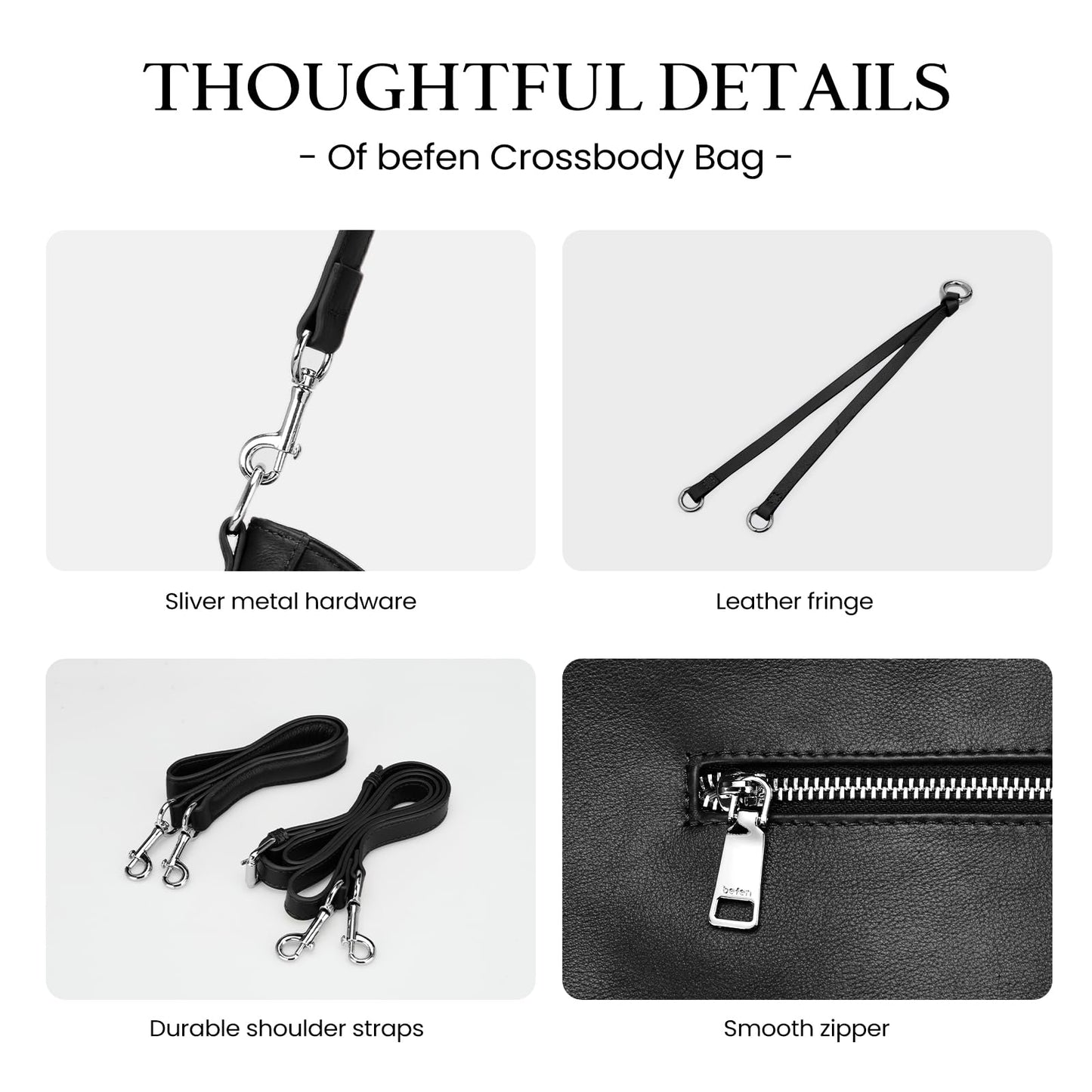befen Genuine Leather Hobo Bag for Women, Lightweight Crossbody Shoulder Purse with Anti-Theft Clip, Soft Leather Shoulder Handbags with 3 Zippers Pockets for Travel with Adjustable Strap, Black
