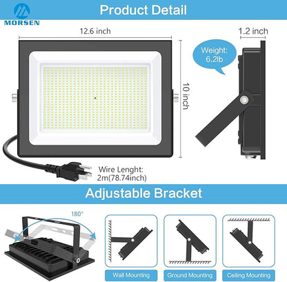 MORSEN 400W Flood Lights Outdoor, 48000lm Bright LED Work Light with Plug, 6500K Daylight White LED Flood Lighting, IP66 Waterproof Security Yard Lights for Yard Garage Stadium 2 Pack