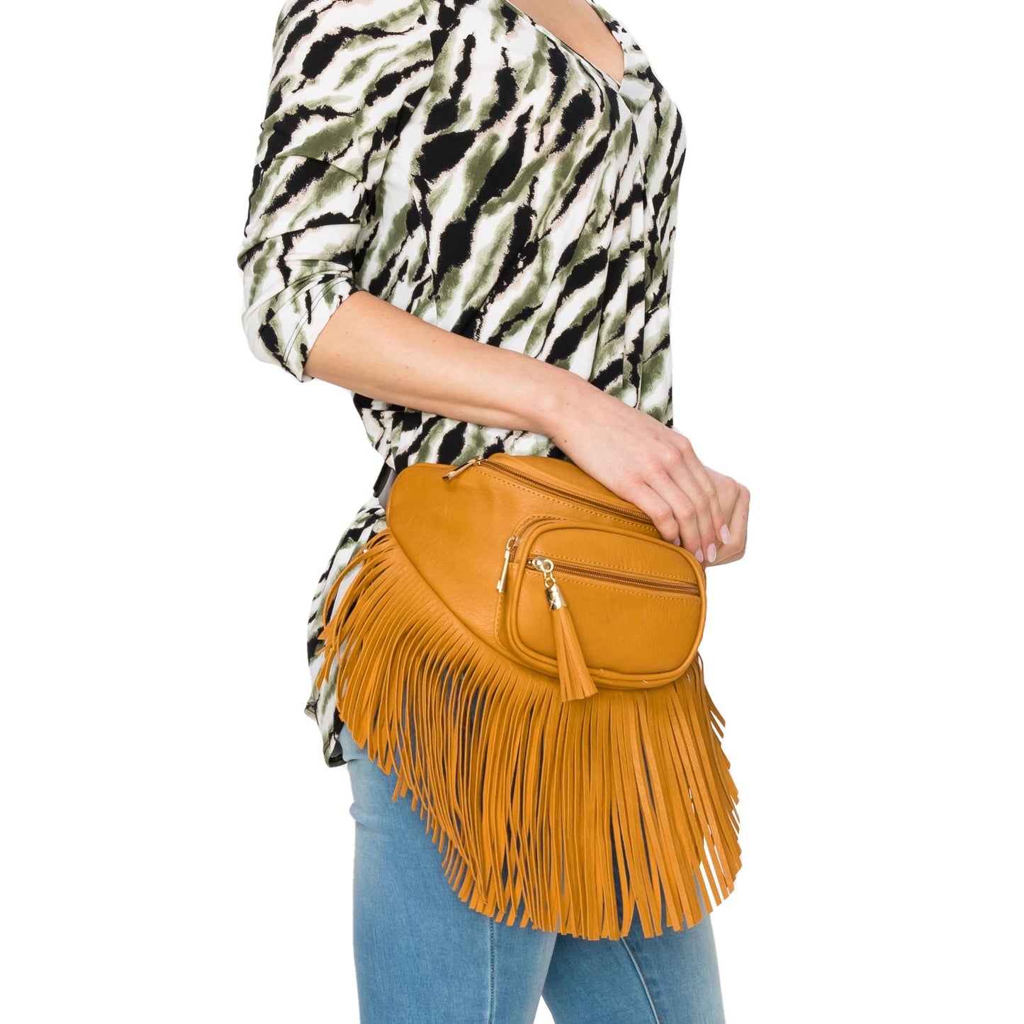 Solene Fringe Waist bag for women with Multi Zipper Pockets - (KL088, Coffee)