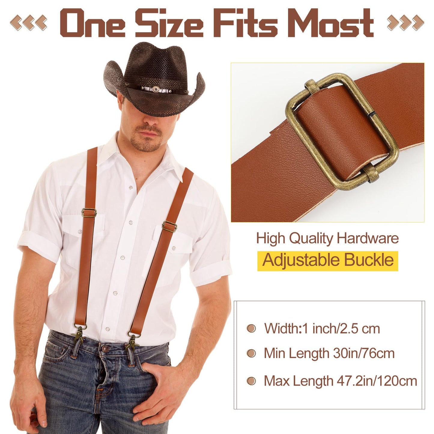 Silicherry 2 Pcs X-Suspenders for men Brown Leather Suspenders Adjustable Back Strap with Swivel Hooks for Jeans Wedding Groomsmen