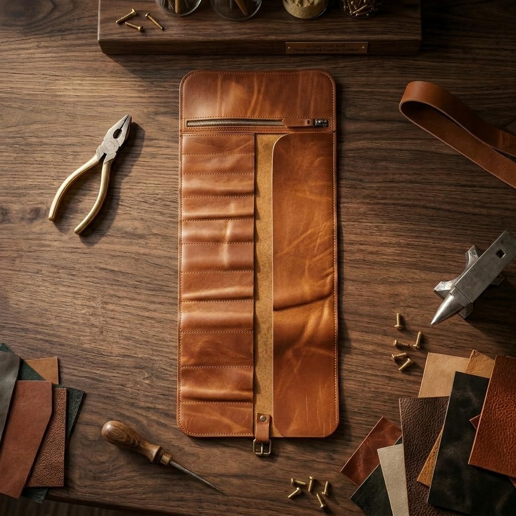 TORAKIP Genuine Leather Tool Roll – Compact Roll-Up Tool Organizer with Multiple Pockets for Wrenches, Screwdrivers & Pliers – Portable Leather Tool Storage Case, Warm Brown (Tools Not Included)